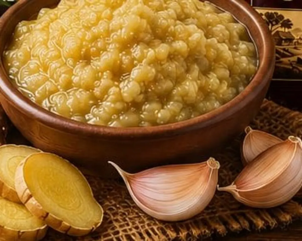 A wooden bowl of ginger garlic paste beside fresh ginger and whole garlic cloves