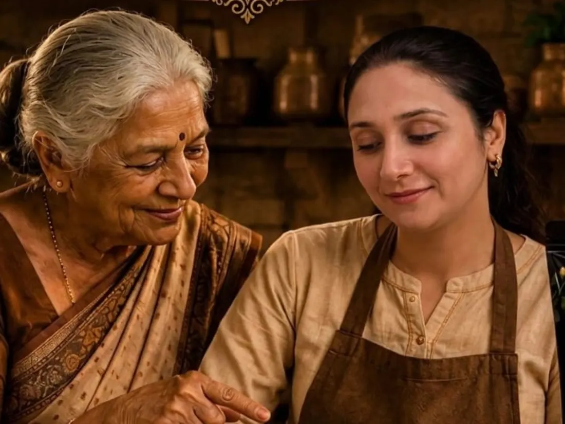Two generations cooking together in an Indian kitchen, with a pack of Seelbatta Ginger Garlic Paste beside the stove