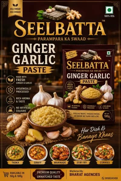 Seelbatta Ginger Garlic Paste shown with fresh ginger and garlic and the dishes it is used in