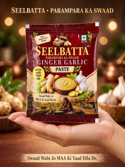 A hand holding a Seelbatta Ginger Garlic Paste pack
