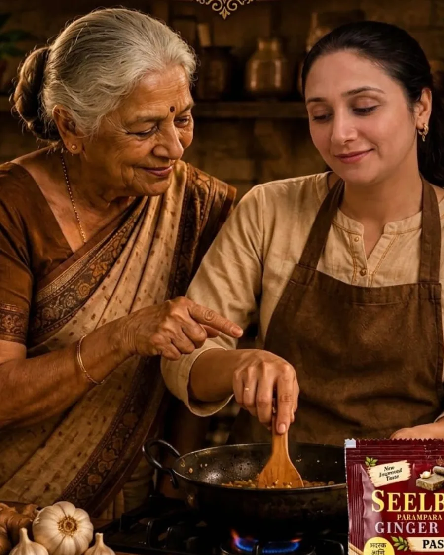 A grandmother guiding her daughter as she cooks in an Indian kitchen