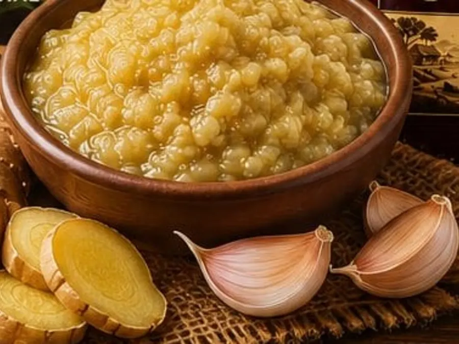 A wooden bowl of ginger garlic paste beside fresh ginger and whole garlic cloves